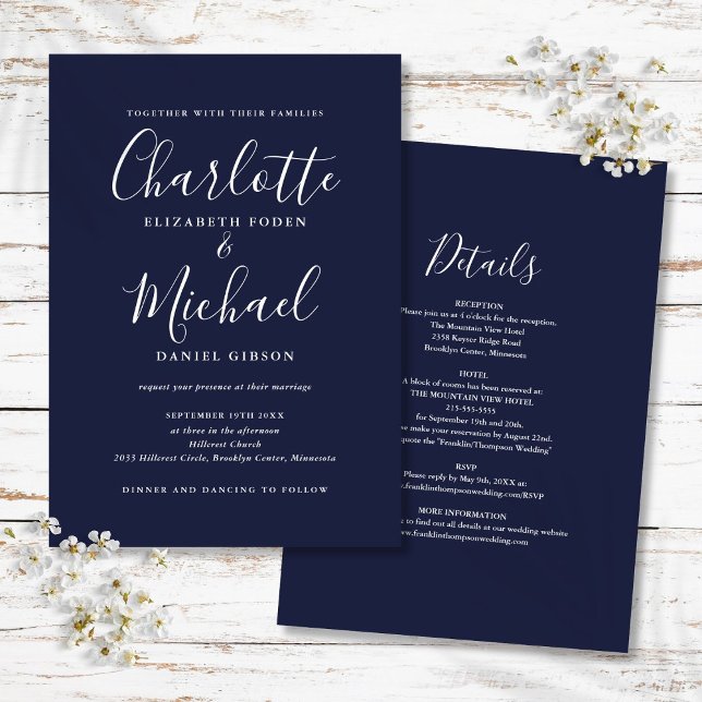 Convites Casamento Simples de Uma Peça em Azul Marinho (Navy Blue All In One Simple Script Wedding Invitation)
