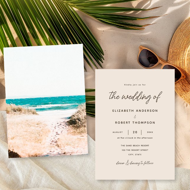 Convites Casamento Simples de Verão na Praia com Areia Retr (Criador carregado)
