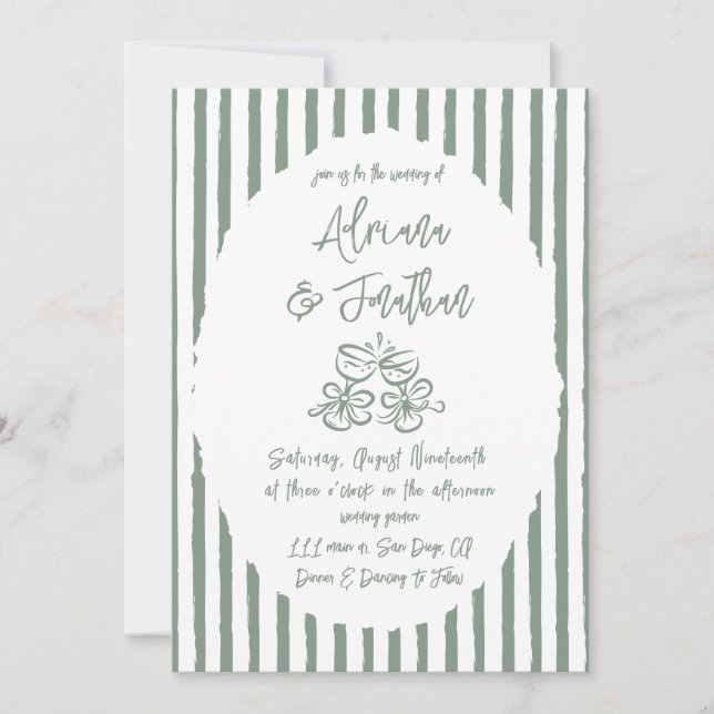Convites Casamento Simples Desenhado à Mão em Verde Sage (Frente)