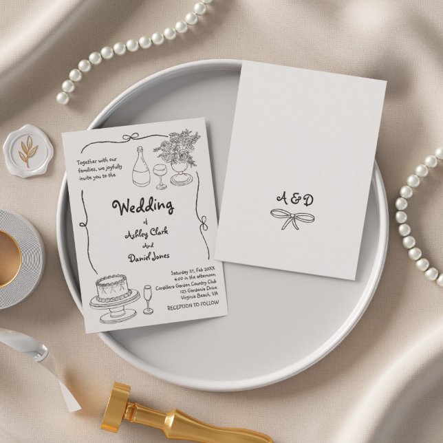 Convites Casamento Simples Desenho à Mão Preto e Branco  (Black and White Hand Drawn Doodle Simple Wedding Invitation)