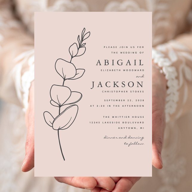 Convites Casamento Simples Desenho de Eucalipto Rosa Bege (Criador carregado)