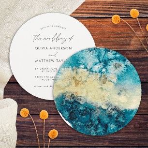 Convites Casamento Simples Dourado Azul Marinho Aquarela Ún