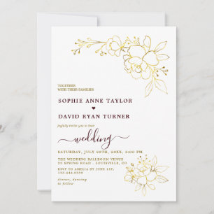 Convites Casamento Simples Dourado Burgundy Minimalista
