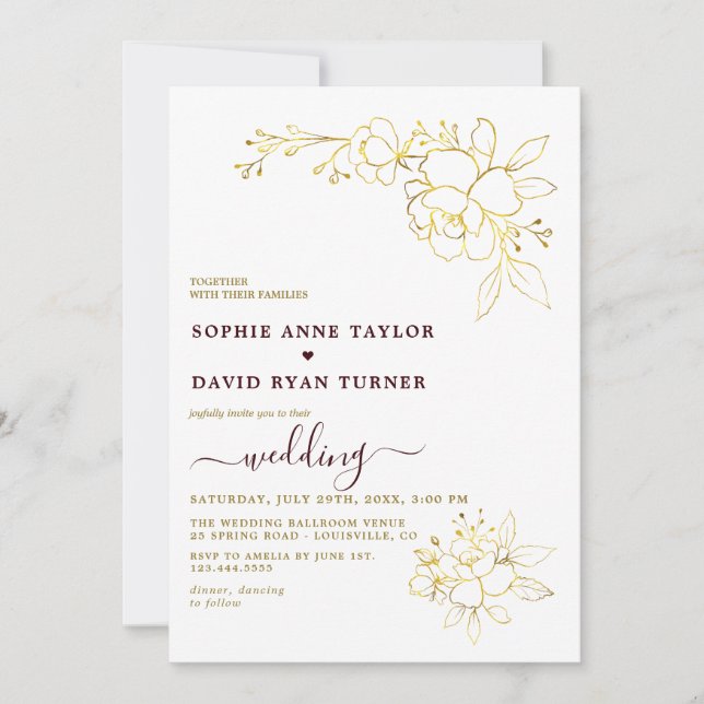 Convites Casamento Simples Dourado Burgundy Minimalista (Frente)