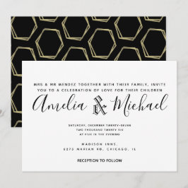 Convites Casamento Simples Dourado e Preto Geometria Modern