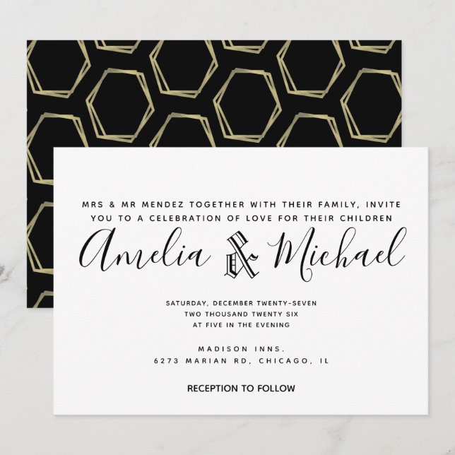 Convites Casamento Simples Dourado e Preto Geometria Modern (Frente/Verso)