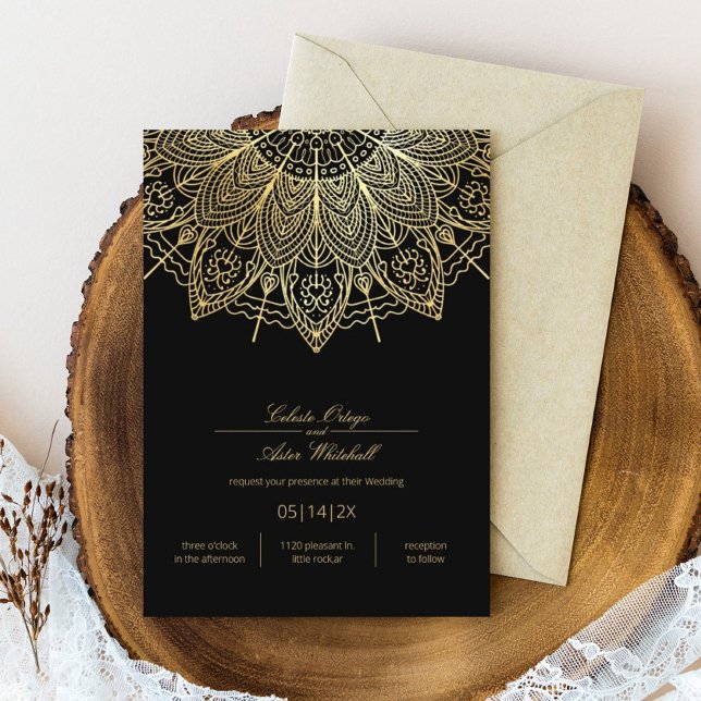 Convites Casamento Simples Dourado Mandala Elegante (Criador carregado)