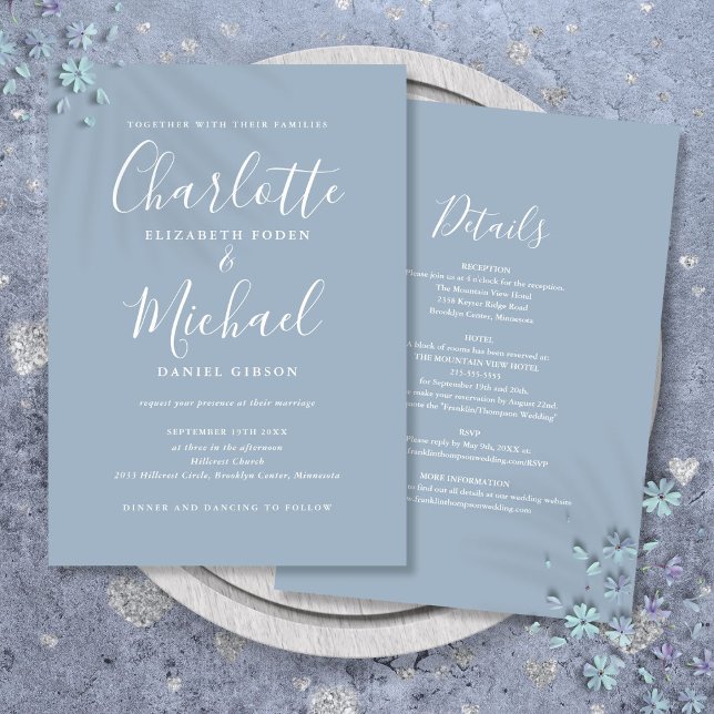 Convites Casamento Simples Dusty Blue Chic Script All In On (Dusty Blue Simple All In One Chic Script Wedding Invitation)