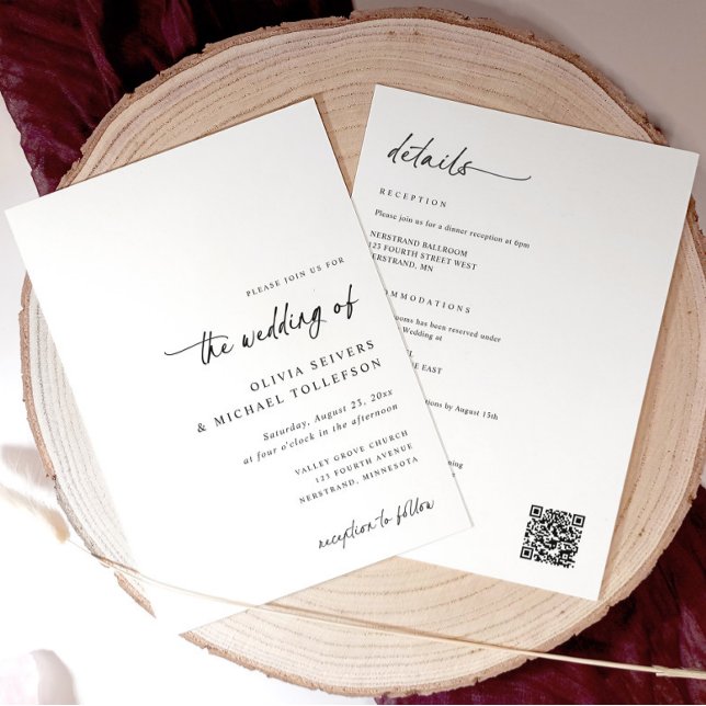 Convites Casamento Simples e Elegante com Caligrafia Única (Minimalist all-in-one wedding invitation with modern handwriting script and QR code on back)