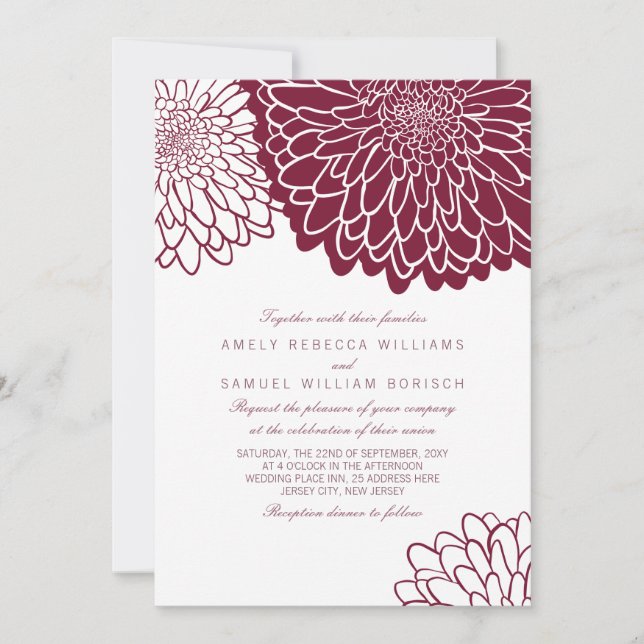 Convites Casamento Simples e Elegante Crisântemo Borgonha (Frente)