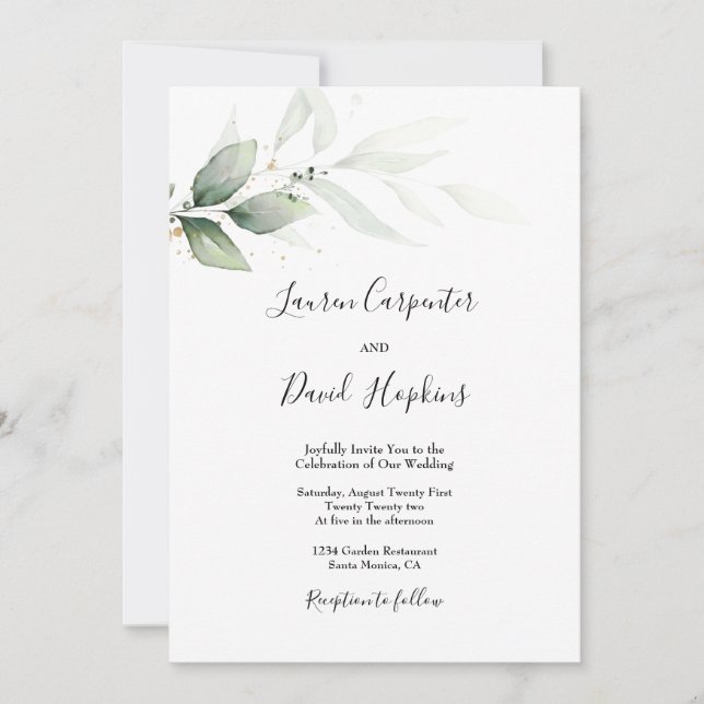 Convites Casamento Simples e Minimalista Greenery (Frente)