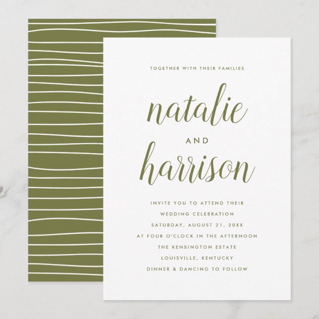 Convites Casamento Simples E Moderno De Escrito Verde Oleíc (Frente/Verso)