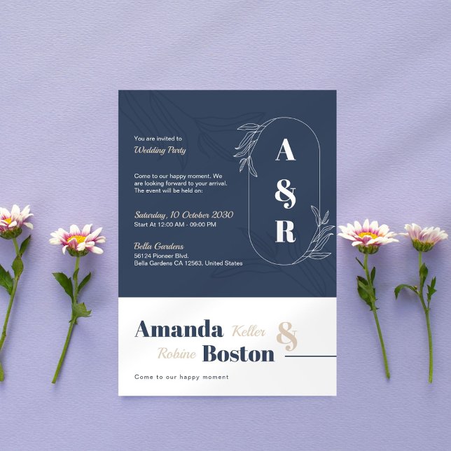 Convites Casamento Simples Elegante Azul e Beige (Criador carregado)