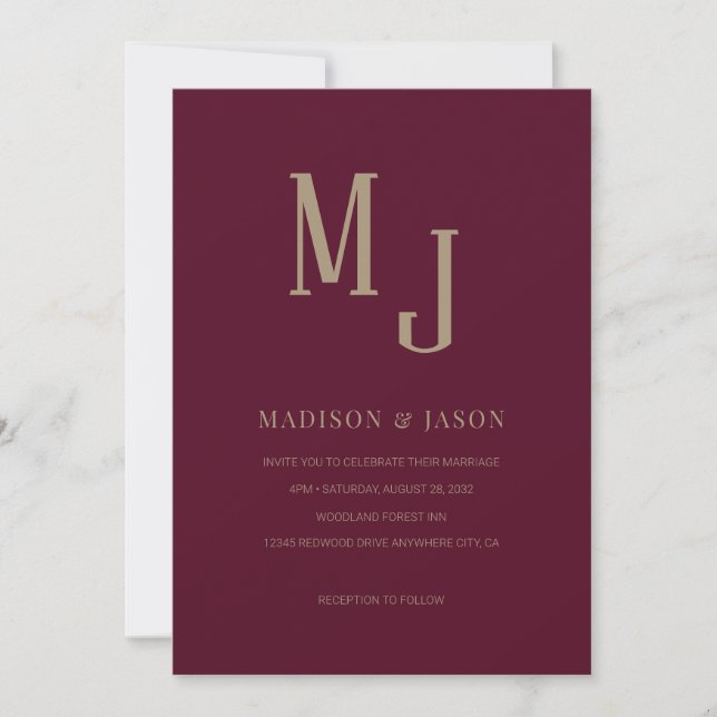Convites Casamento Simples Elegante Burgundy Romano Monogra (Frente)