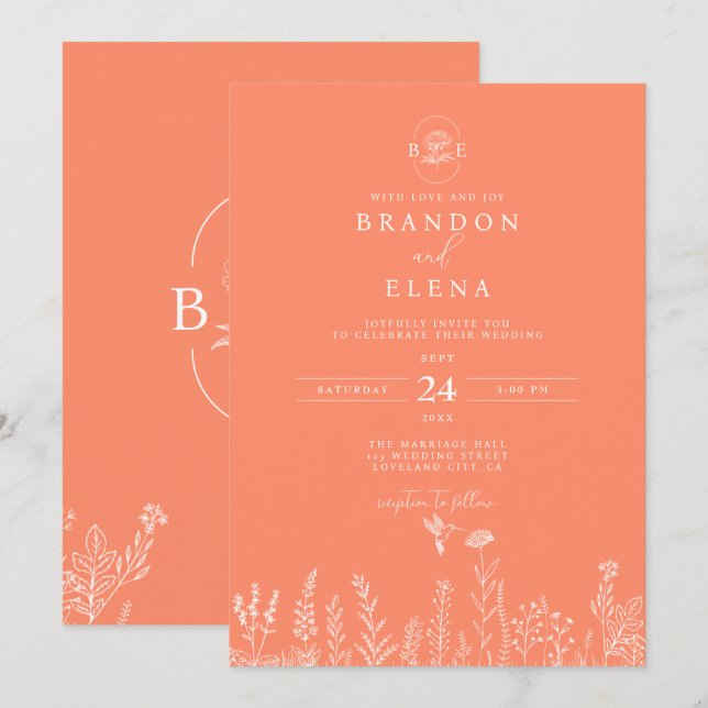 Convites Casamento Simples Elegante De Coral Botânico (Frente/Verso)