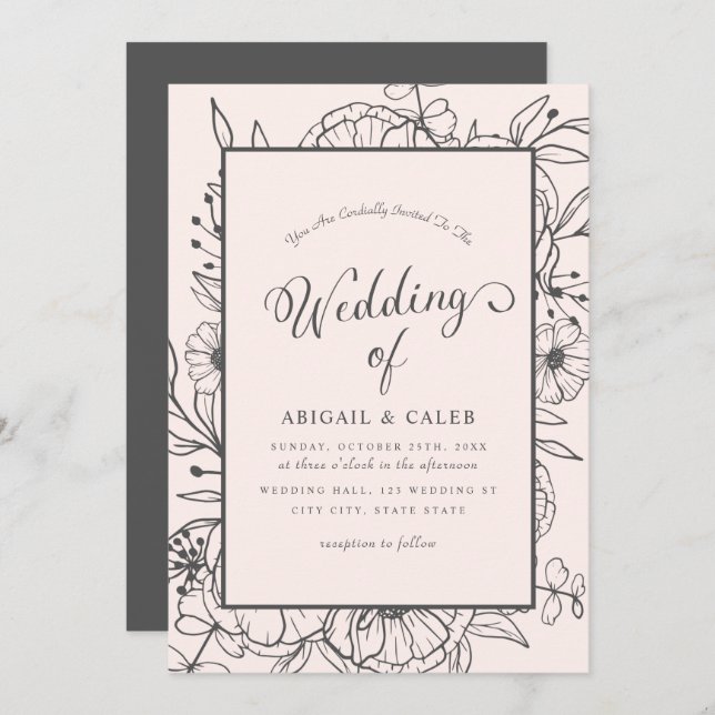 Convites Casamento Simples Elegante De Desenho Floral Rosa  (Frente/Verso)