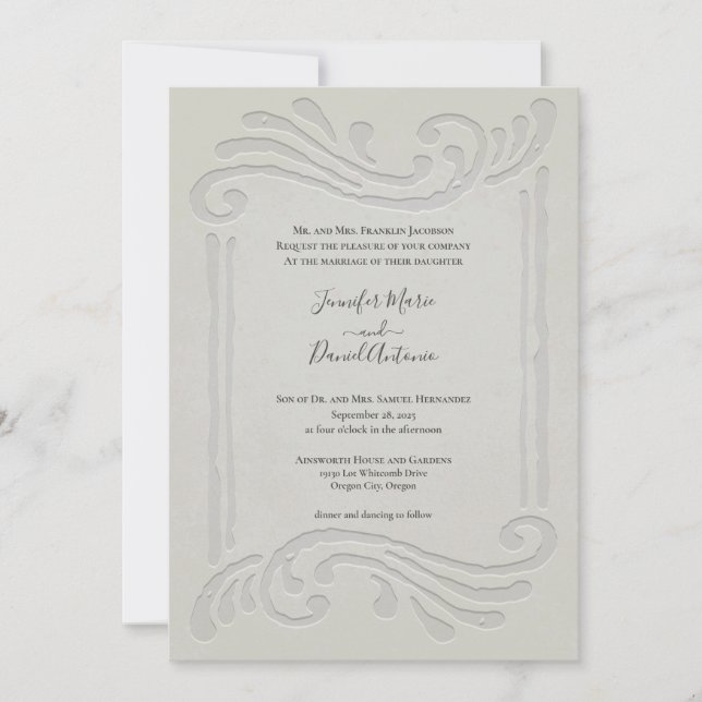 Convites Casamento Simples Elegante Embossed Alabastro (Frente)