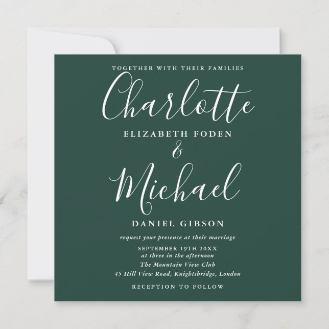Convites Casamento Simples Elegante Verde Esmeralda Roteiro (Frente)
