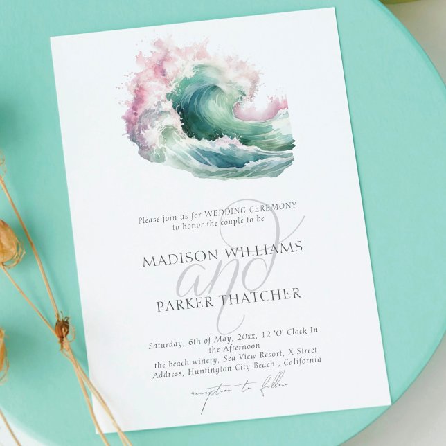 Convites Casamento Simples Elegante Watercolor Beach (Criador carregado)