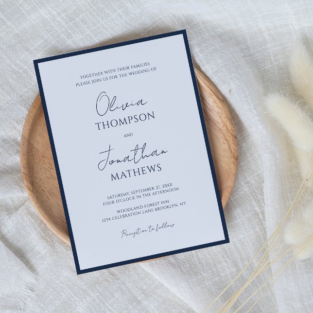 Convites Casamento Simples em Azul Marinho com Borda em Let (Criador carregado)