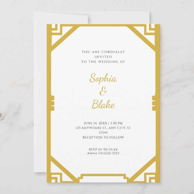 Convites Casamento Simples em Dourado e Branco com Arte Dec (Frente)