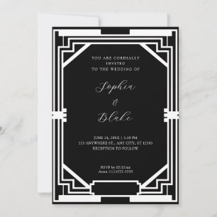 Convites Casamento Simples em Preto e Branco com Arte Deco