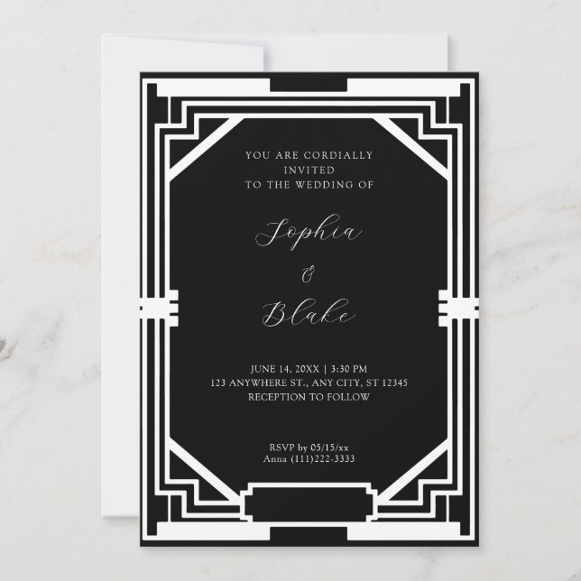 Convites Casamento Simples em Preto e Branco com Arte Deco  (Frente)