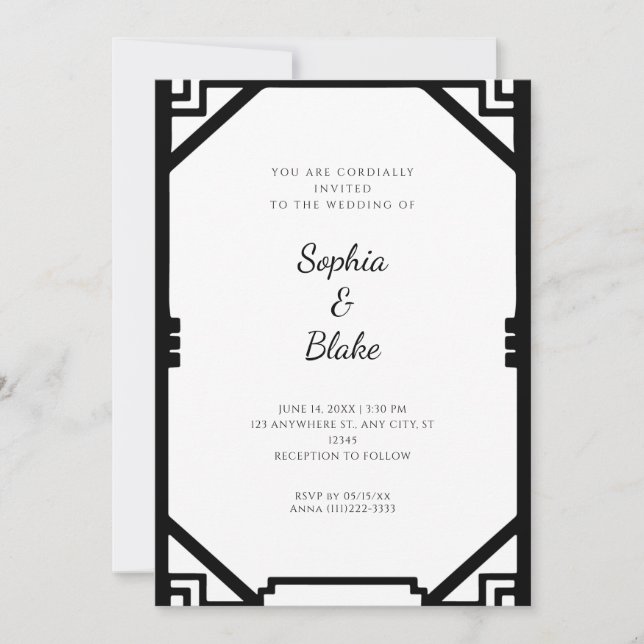 Convites Casamento Simples em Preto e Branco no Estilo Art  (Frente)