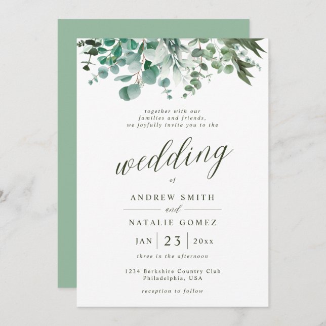Convites Casamento Simples Eucalyptus Greenery (Frente/Verso)