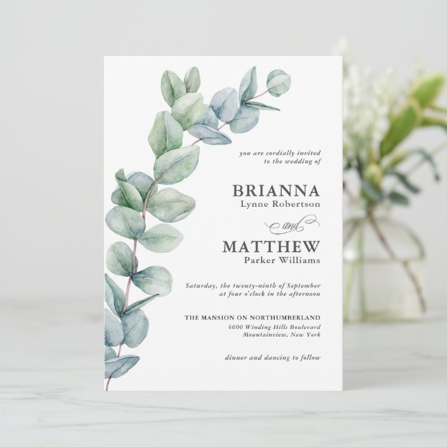 Convites Casamento Simples Eucalyptus Greenery (Em pé/Frente)