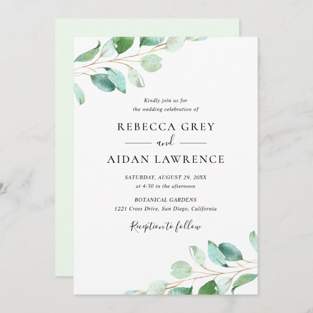 Convites Casamento Simples Eucalyptus Greenery (Frente/Verso)