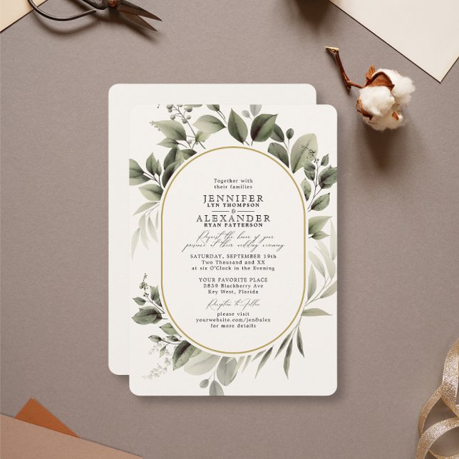 Convites Casamento Simples Eucalyptus Ouro de Marfim (Criador carregado)