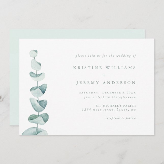 Convites Casamento Simples Eucalyptus Watercolor Greenery (Frente/Verso)