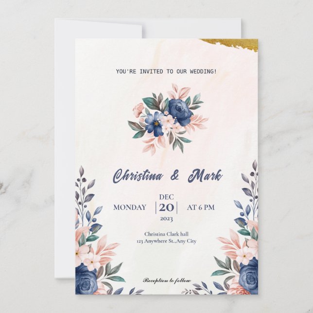 Convites Casamento Simples Floral Azul (Frente)