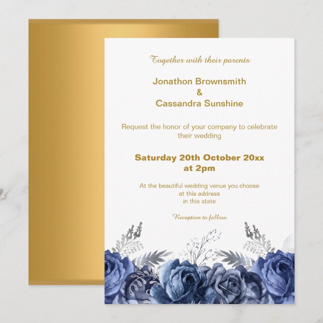 CONVITES CASAMENTO SIMPLES FLORAL AZUL DOURADO ELEGANTE (Frente/Verso)