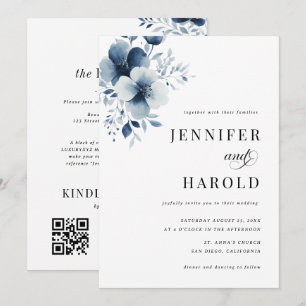 Convites Casamento Simples Floral Azul Marinho Tudo em Um