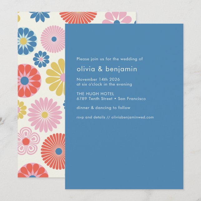 Convites Casamento Simples Floral Boho Escandinavo Azul (Frente/Verso)