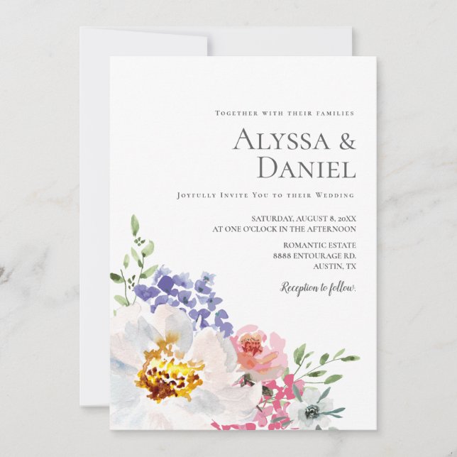 Convites Casamento Simples Floral de Aquarela Elegante (Frente)