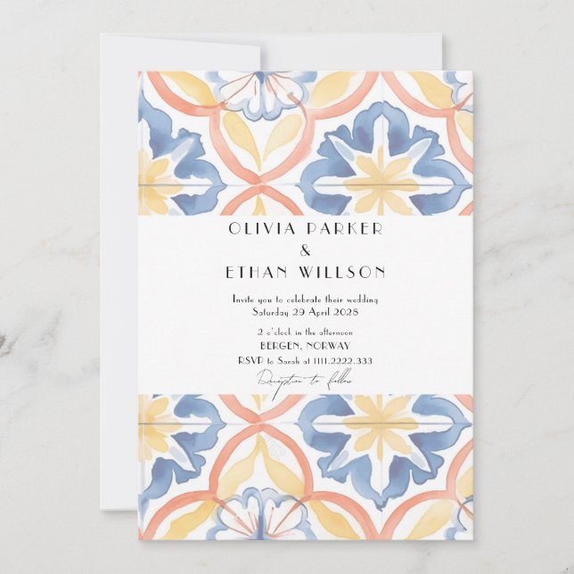 Convites Casamento Simples Floral de Verão com Azulejos Esp (Frente)