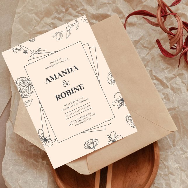 Convites Casamento Simples Floral Minimalista Desenhado À M (Criador carregado)