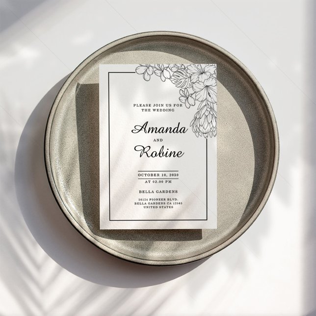 Convites Casamento Simples Floral Moderno Preto e Branco (Criador carregado)