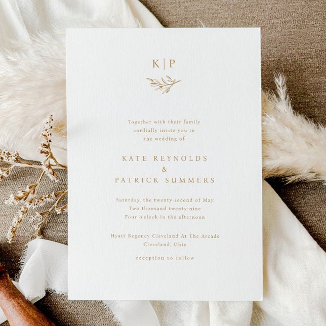 Convites Casamento Simples Folhas de Verdura Monograma Eleg (Minimal greenery wedding monogram elegant wedding invitations.)