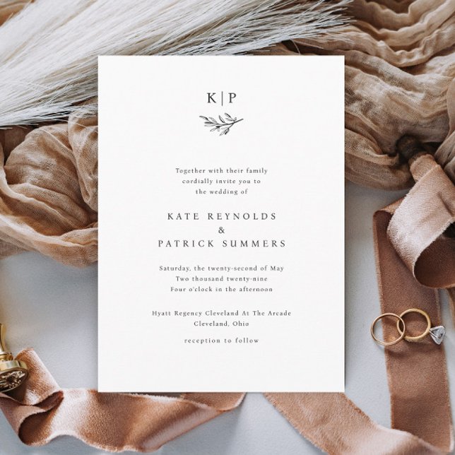 Convites Casamento Simples Folhas de Verdura Monograma Eleg (Simple Wedding Monogram with Greenery Wedding Invitations.)