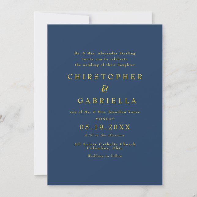 Convites Casamento Simples Formal Azul Marinho e Dourado (Frente)