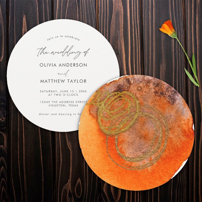 Convites Casamento Simples Laranja Dourado Boho Aquarela Ún (Front/Back)