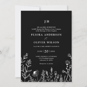 Convites Casamento Simples Minimalista de Flor Selvagem Neg