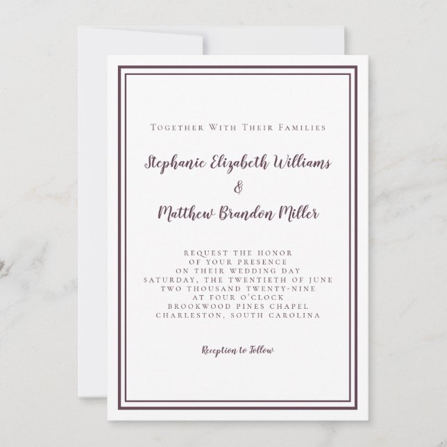 Convites Casamento Simples Minimalista Roxo Branco Chic (Frente)