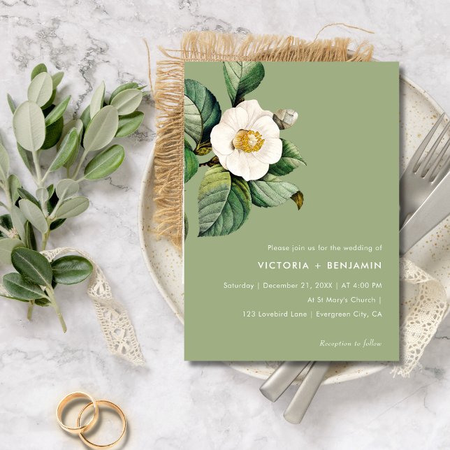 Convites Casamento Simples Mínimo Rustic Camelia Floral Sag (Chic Bolder Color Camelia Floral Sage Wedding Invitation)