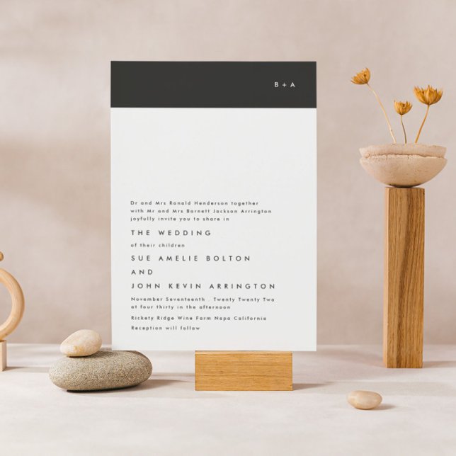 Convites Casamento Simples Moderno com Banda Negra Monogram (Criador carregado)