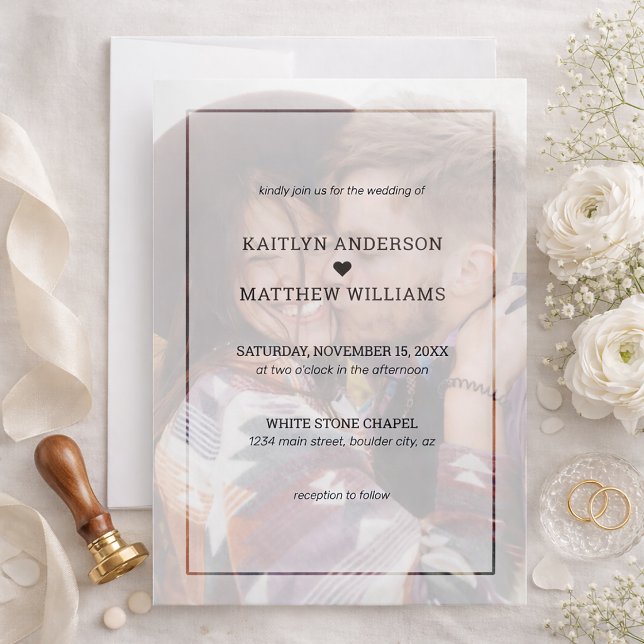 Convites Casamento Simples Moderno com Foto Desbotada Branc (Faded Photo Wedding Invitation)